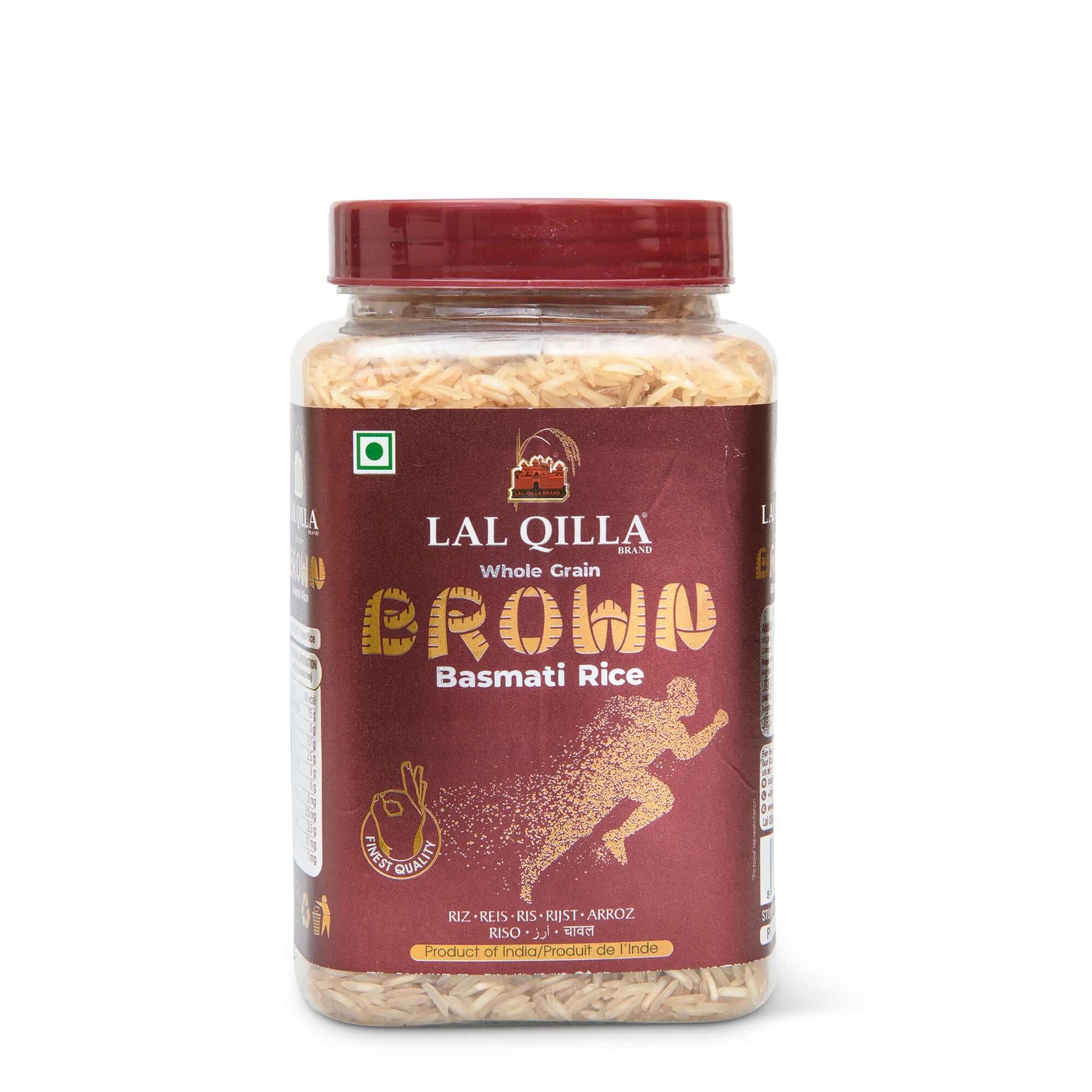 Lal Qilla Whole Grain Brown Basmati Rice jar on white background