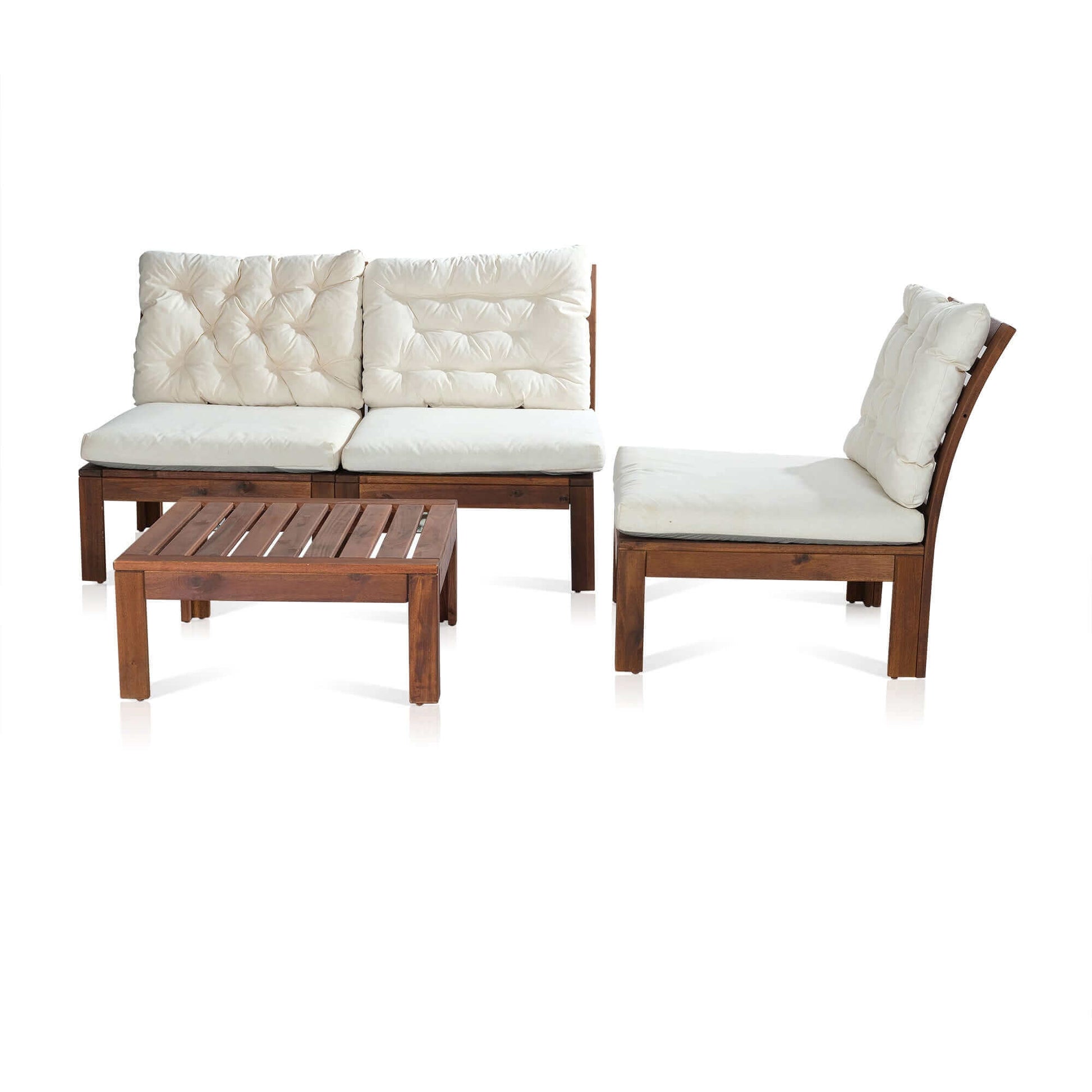 Modern patio furniture set with white cushioned seating and wooden coffee table.