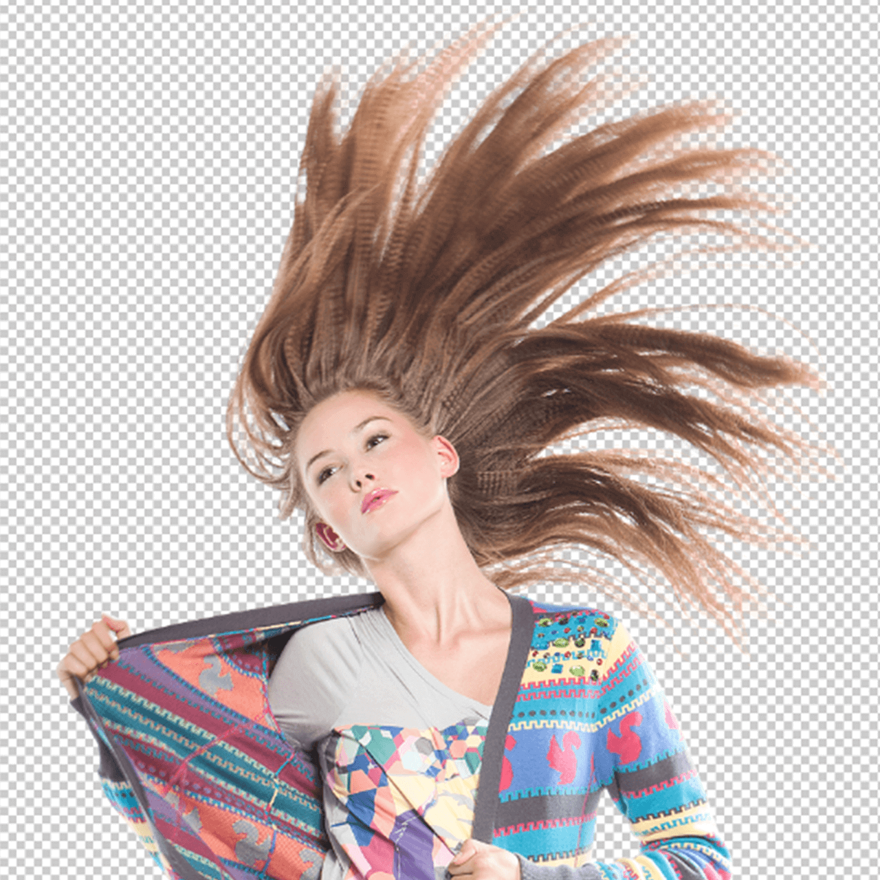 Woman with flowing hair and vibrant sweater on transparent background, showcasing professional clipping path service.