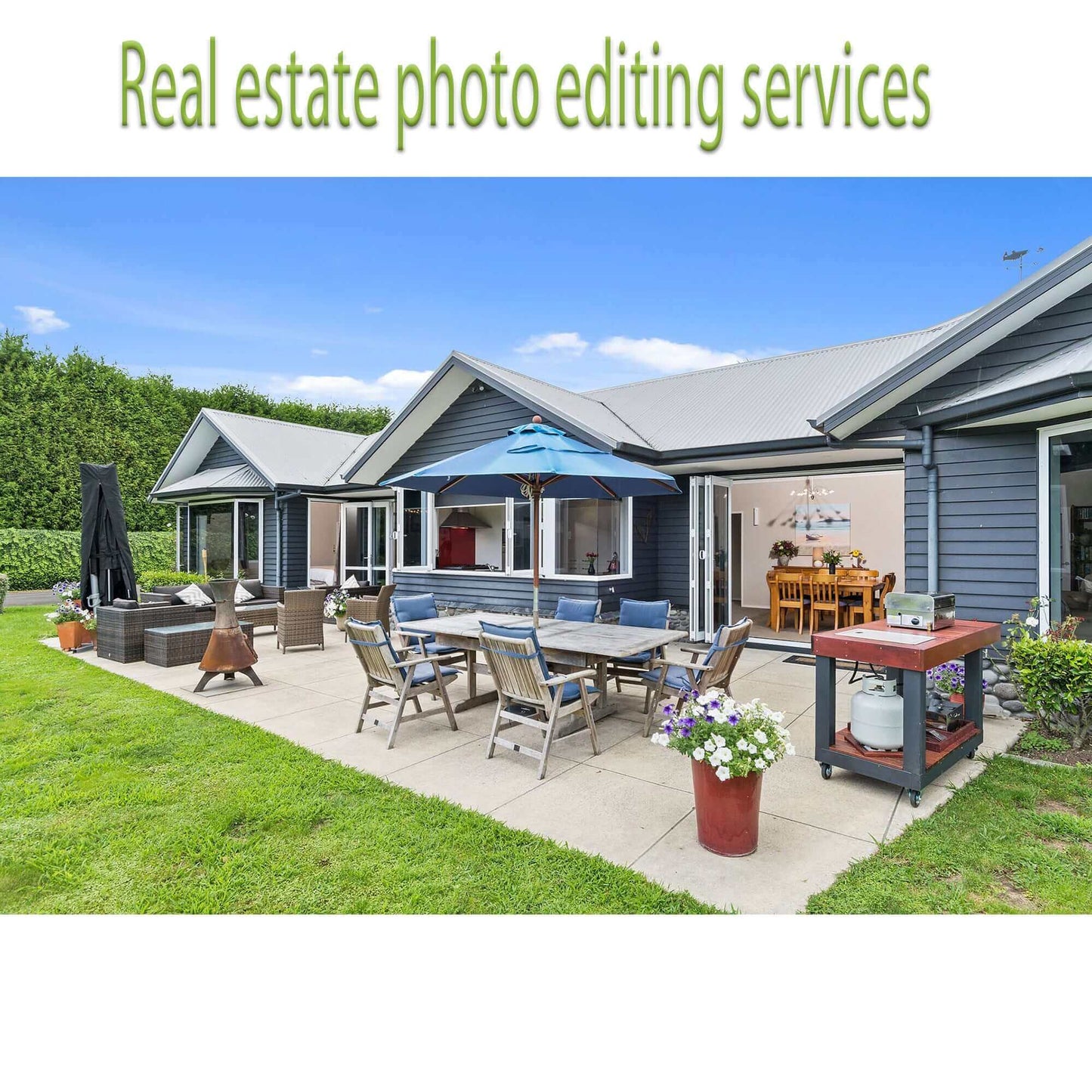 Real estate photo editing services showcasing enhanced outdoor patio area with professional, vibrant image quality.