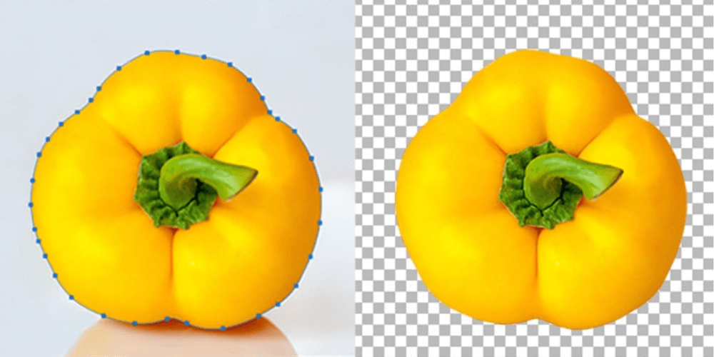 Yellow bell pepper with clipping path for background removal, showcasing professional photo editing services.